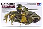 Tamiya 1/35 scale M4A3 Sherman tank plastic model kit box art showing the tank and three infantry soldiers.