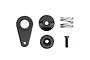 Top-down studio view of an MJX RC servo saver assembly including black metal components, a coil spring, and a screw against a white background.
