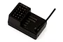 Black MJX RC receiver unit featuring channel pins and an antenna against a white background.