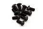 A close-up studio shot of a pile of dark metal button head screws with hex sockets against a clean white background.