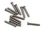 A cluster of twelve silver metal button head screws with coarse threading, laid out on a plain white background.