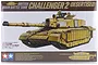 Tamiya 1/35 scale British Challenger 2 Desertised tank plastic model kit box art showing a desert-tan tank with two crew members.