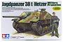 Tamiya 1/35 scale Jagdpanzer 38(t) Hetzer tank model kit box art showing a camouflaged tank destroyer and a German soldier figure.