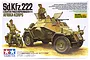 Tamiya 1/35 scale Sd.Kfz.222 German Armoured Car model kit box art showing the vehicle and a motorcycle in a desert setting.