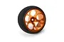 Orange anodised aluminium RC transmitter wheel with circular cutouts and a black foam grip on a white background.