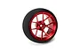 Spektrum red aluminium wide spoke transmitter wheel with a black foam grip isolated on a white background.