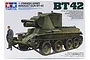 Tamiya 1/35 scale Finnish Army BT-42 Assault Gun plastic model kit box art showing a green tank and a soldier figure.