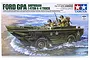 Tamiya 1/35 scale Ford GPA Amphibian model kit box art showing the vehicle driving through water with three soldiers on board.