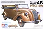 Tamiya 1/35 scale Toyota Model AB Phaeton staff car plastic model kit box art showing a brown vintage car with a driver.