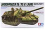 Tamiya 1/35 scale German Jagdpanzer IV/70(V) Lang plastic model kit box art showing a camouflaged tank with two crew members.