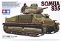 Tamiya 1/35 scale French Medium Tank Somua S35 plastic model kit box art showing a camouflaged tank with a commander figure.