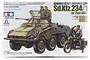 Tamiya 1/35 scale German Sd.Kfz. 234/1 Heavy Armored Car plastic model kit box art showing the vehicle and a motorcycle.