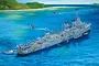 Painted box art illustration of the USS Stevens DD-479 destroyer underway in blue ocean water near a tropical island with aircraft flying above.