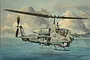 Box art painting of a US Marines AH-1W Super Cobra helicopter flying over the sea under a cloudy sky for Trumpeter model kit 05117.