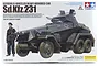 Tamiya 1/35 scale Sd.Kfz.231 German 6-wheeled heavy armored car model kit box art featuring an illustration of the vehicle and a soldier.