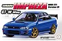 Product packaging artwork showing a blue Subaru Impreza WRX STi Version VI model car with gold wheels and a large rear wing.
