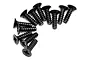 A collection of black countersunk coarse thread screws arranged on a plain white background.