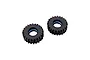 Studio shot of two black FMS 1/10 FCX10 Pro LC80 RC crawler tyres with blue foam inserts visible on a white background.