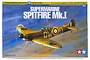 Tamiya 1/72 scale Supermarine Spitfire Mk.I plastic model kit box art showing a camouflaged fighter plane in flight.