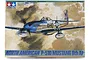 Tamiya 1/48 scale North American P-51D Mustang model kit box art showing a silver fighter plane in flight against a cloudy sky.