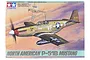 The box art for a Tamiya 1/48 scale North American P-51B Mustang plastic model kit, featuring an illustration of the aircraft in flight against a sunset sky.
