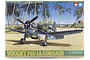 Tamiya 1/48 scale Vought F4U-1A Corsair plastic model kit box art featuring a detailed illustration of the aircraft on a tropical beach.