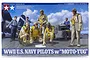 Tamiya 1/48 scale WWII U.S. Navy Pilot Set with Moto-Tug plastic model kit box art showing pilots and a tug vehicle on an aircraft carrier deck.