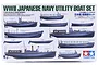 Tamiya 1/350 scale WWII Japanese Navy Utility Boat Set model kit box art showing various boat types.
