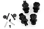 A set of four black aluminium RC wheel wideners with included mounting hardware on a white background.