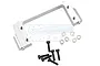 A silver aluminium steering servo mount for an RC car, accompanied by several small black screws and metal washers on a white background.