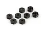 Eight black plastic 12mm wheel hex adapters for ARRMA RC vehicles arranged on a white background.