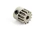 A silver-colored 13-tooth metal pinion gear with a black grub screw, isolated on a white background.