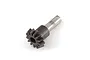 A close-up studio shot of a 13-tooth metal bevel gear with an integrated shaft, set against a plain white background.