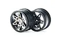 Two ARRMA Raider RC buggy front wheels with black rims and chrome-finished spokes against a white background.