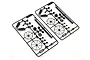 Two identical black plastic parts trees featuring small molded components and wheels against a plain white background.
