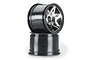 Two ARRMA RC buggy rear rims, one stacked on top of the other, featuring a black barrel and a chrome-finished star-spoke face.