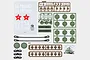 Top-down view of Heng Long Russian KV-2 tank accessory pack including decals, plastic parts sprues, tow cables, and detail components.