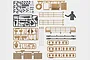 Top-down view of Heng Long 1/16 M1A2 Abrams tank accessory pack including plastic sprues, decals, wire cables, and a figure.