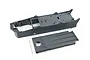 ARRMA 2014 Spec LWB RC chassis, battery door, and hinge pin on a white background.