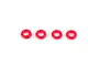 Four small, bright red rubber O-rings arranged in a horizontal row against a plain white background.