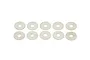 Ten small, thin, circular metal washers arranged in two rows of five on a white background.