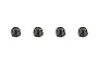 Four black steel nyloc nuts arranged in a horizontal row against a white background.
