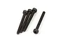 Four black metal cap head screws with hex sockets arranged on a white background.