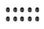 Ten black metal grub screws with blue thread locker arranged in two rows of five on a white background.