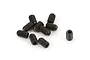 A collection of ten small black metal grub screws with hexagonal sockets, arranged on a plain white background.