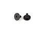 Two black metal screws with wide, flat heads and hexagonal drive sockets, shown from top and side angles against a white background.