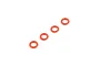 Four small red rubber O-rings arranged in a diagonal line against a plain white background.