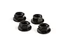 Four black steel flanged serrated wheel nuts for RC vehicles arranged on a white background.
