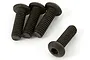Four black metal button head screws with hex drive sockets arranged on a white background.