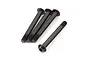 Four black metal button head screws with hex drive sockets, arranged on a white background.